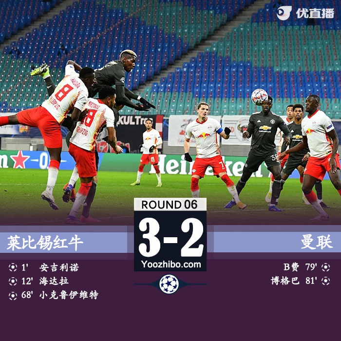 欧冠简报：曼联2-3莱比锡 安吉利诺造三球博格巴破门